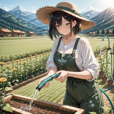 anime, masterpiece, best quality, ultra-detailed, high resolution, 8k, intricate details, sharp focus.
A woman watering a vegeta...