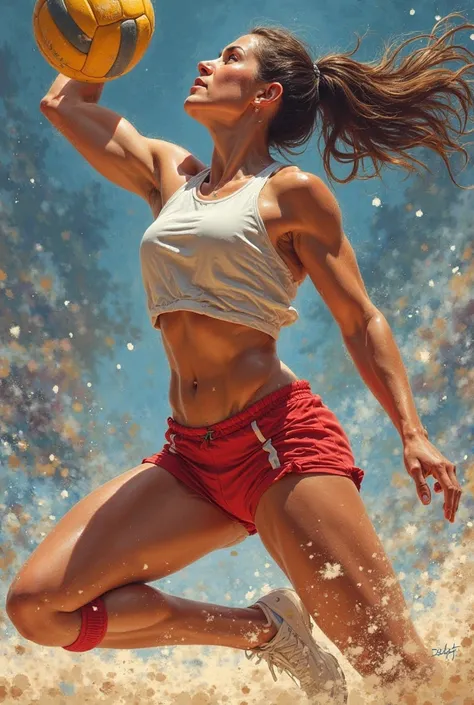 Draw a volleyball player and point to the abdomen,  the legs, lower back and arms
