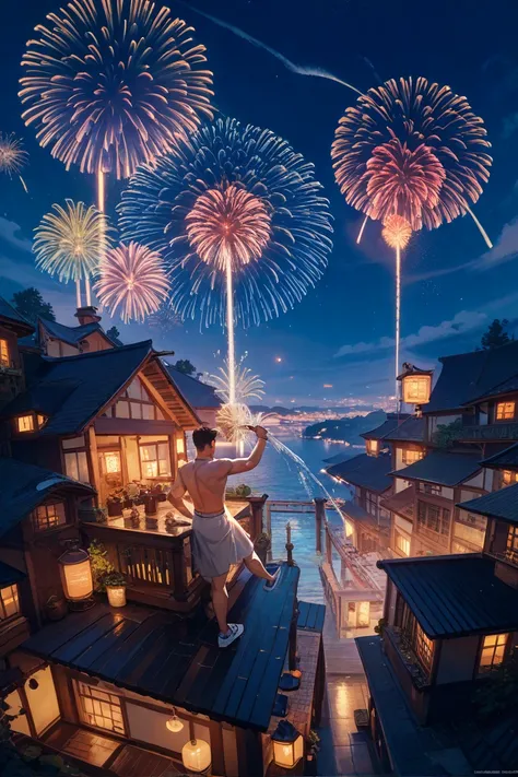 The panel and the man start dancing and fireworks are pouring down from above