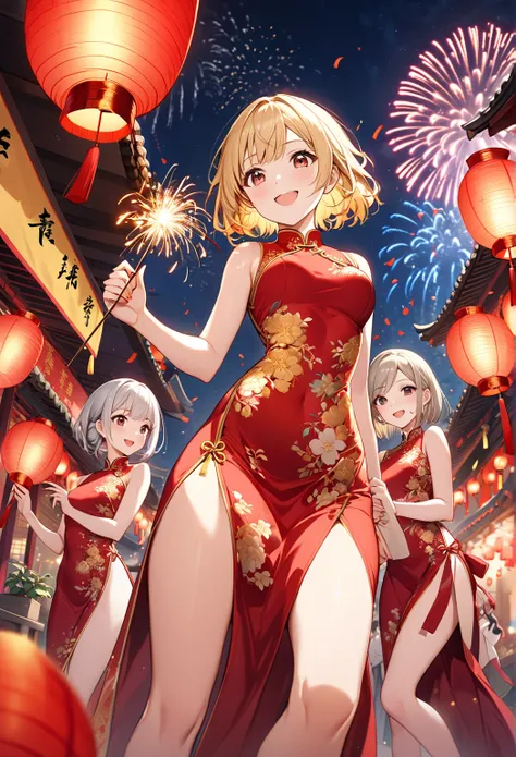 Three beautiful anime girls celebrating a night festival in a traditional Chinese setting. They are wearing sexy and elegant che...