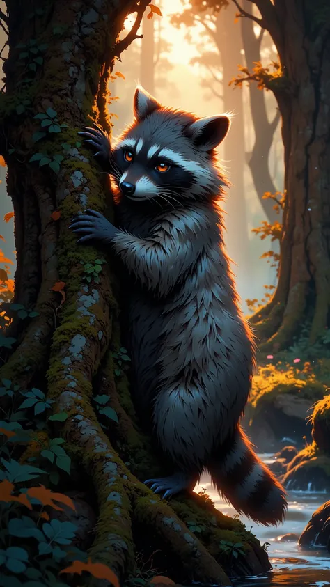 A majestic raccoon stands up elegantly a moss-covered tree trunk in the mystical evening forest, his silky grey-silver coat shin...