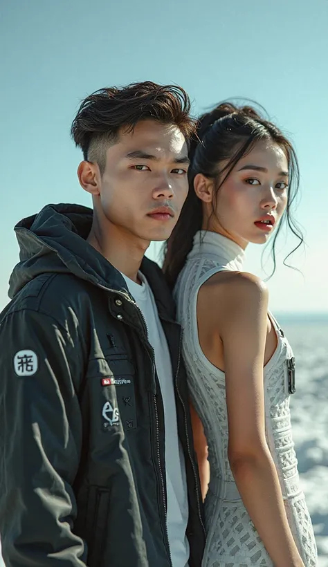 Fotografia ultra HD,  young man with sharp focus , On a clear day in a futuristic setting, with a beautiful and sensual woman wi...