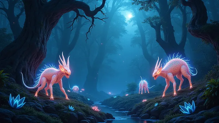 A bioluminescent alien forest at night, glowing plants and strange creatures, sci-fi art, Oil painting, thick brush strokes, cla...