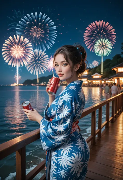 fireworks display、girl in a yukata watching those fireworks from the back、Fireworks are reflected in the ocean。can't see their f...