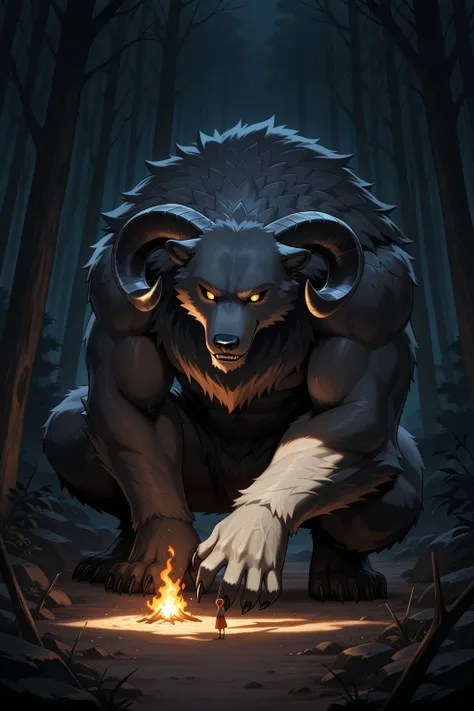 a monster looking like a bear with horns , half of its face in the shade and the other half looking forward