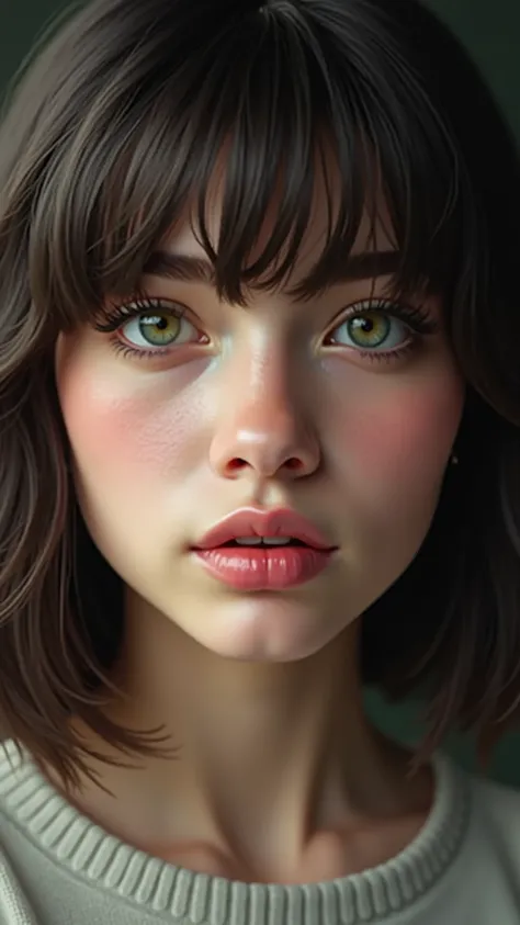 female, 25 years old, ((big plump lips 1.2)), ((green eyes 1.2)), ((dark hair bob 1.1)), 4K, shot on Canon, 85 mm, Kodak Vision ...