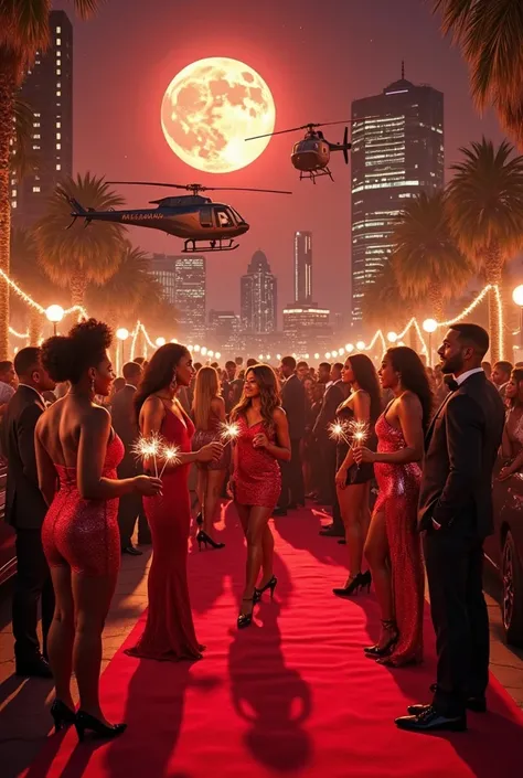 A luxurious nightlife scene set in downtown Tampa, with a red-lit skyline and a large full moon glowing behind modern skyscraper...