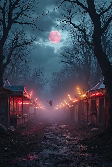 A panoramic night scene of a cursed abandoned carnival in a dense, shadowy forest. Flickering broken carnival lights cast eerie ...