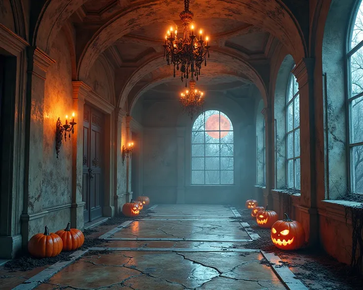 Architecture: Crumbling marble floors with veins of glowing ectoplasm, cracked chandeliers dripping black wax, and towering arch...