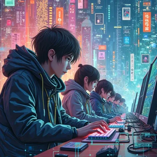 Hackers, anime style, vibrant colors, studio ghibli inspired