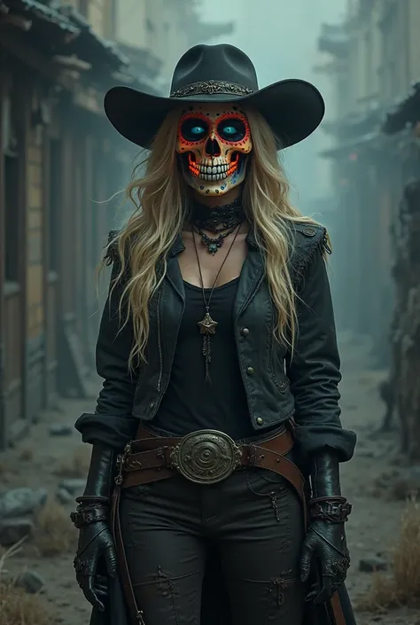 Rdo style cowgirl with a sugarskull as a head and blonde hair. Shes wearing dark clothing, really adding to the atmosphere