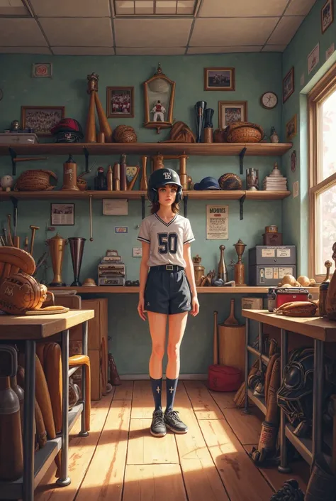 club room and baseball bats and gloves are displayed、
There is a high school girl standing in the back