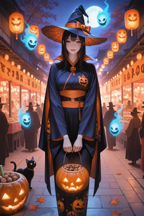 masterpiece, ultra detailed, photorealistic, best quality,
Japanese-Halloween fusion festival scene: traditional Japanese lanter...