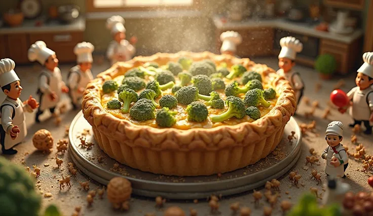 miniature cooks in white hats and aprons, cooking giant broccoli pie, Photorealistic style, aerial view, warm kitchen lighting, ...