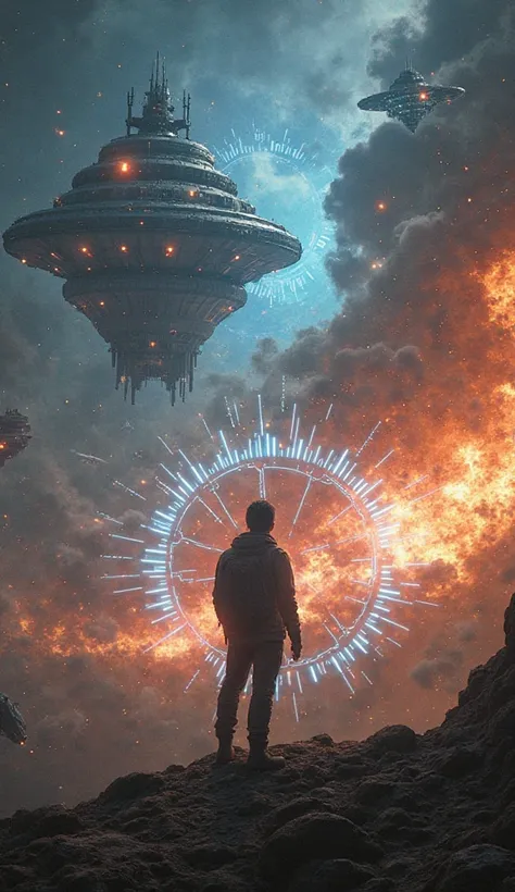 A futuristic battlefield in space: Human spaceships from a technologically inferior world stand an overpowering, alien fleet fac...