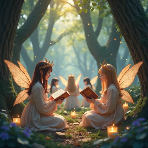 A magical fairy academy deep in an enchanted forest, glowing floating spellbooks, softly glowing runes in the air, elegant fairy...