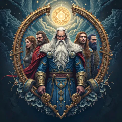 nordric logo contain six god: odin, thor, loki, freyja, tyr, hela