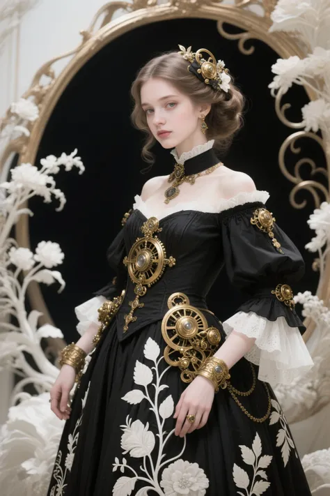 masterpiece, highres, ultra-detailed, 1girl, elegant figure, black steampunk gown, white nature motifs, gold botanical machinery...