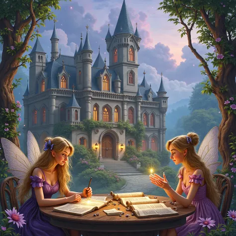 In the center of the image is the majestic building of the Fairy Academy, made in the style of medieval architecture with high t...