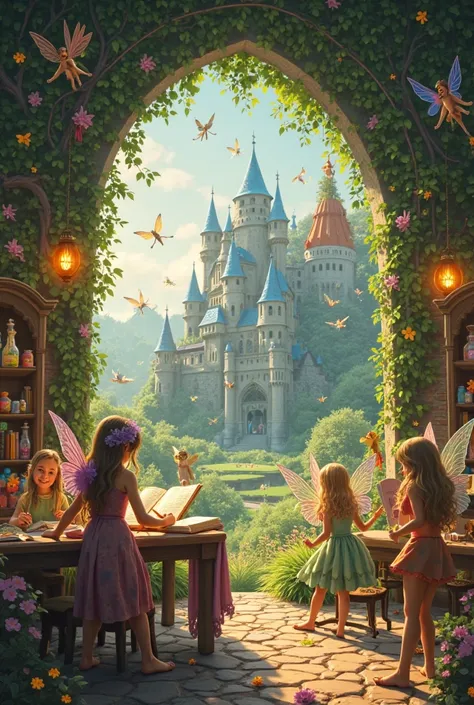 Create a captivating scene inside an enchanting fairy academy, a whimsical place brimming with magic and wonder. The setting sho...