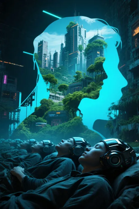 (Cyberpunk highly detailed, high-resolution photograph, double exposure, image of perfect Eden blended in the silhouette of slee...