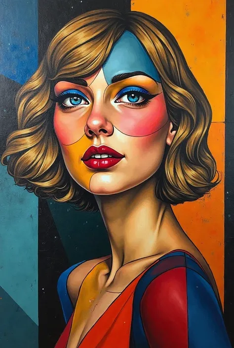 Cubist portrait of Taylor Swift as Juan Gris,  abstract geometric shapes , strong colors, Surreal, avant-garde,  Impressive comp...