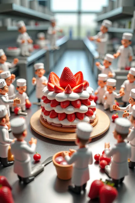 Create a hyperrealistic image with many mini chefs working and building integrated these strawberries with cream 