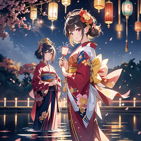 Masterpiece, ultra high definition, best quality beautiful young woman wearing luxurious silk kimono with exquisite floral patte...