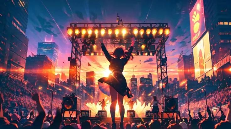 (masterpiece), (best quality), ultra-detailed, cinematic photo, wide-angle view of a massive open-air live concert held in the m...