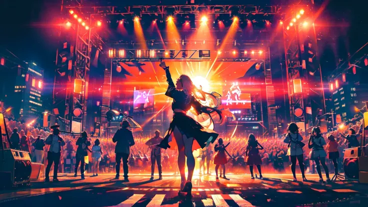 (masterpiece), (best quality), ultra-detailed, cinematic photo, wide-angle view from behind musical instruments — prominently fe...