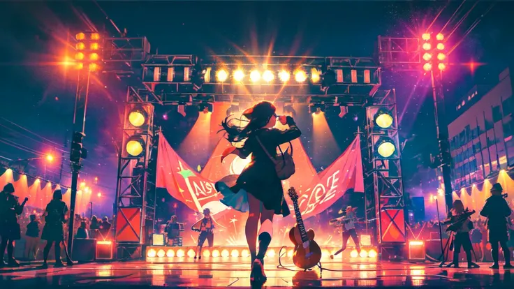 (masterpiece), (best quality), ultra-detailed, cinematic photo, wide-angle view from behind musical instruments — prominently fe...