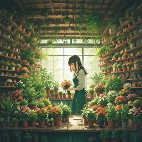 A dynamic close-up shot of a young woman working in a flower shop creating a pretty bouquet at a workbench in the shop, the seas...
