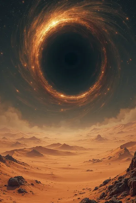 Generate a desert with a black hole below with a space sky