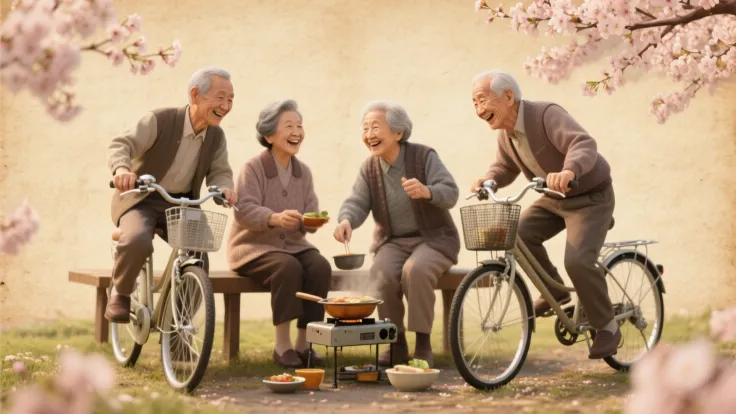 A realistic and lifelike image of  elderly japanese men and women in their 80s and 90s joyfully riding bicycles, cooking small m...