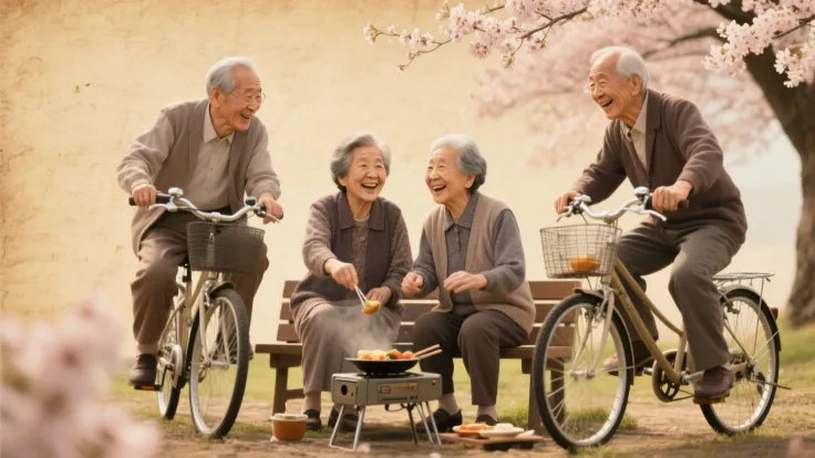 A realistic and lifelike image of  elderly japanese men and women in their 80s and 90s joyfully riding bicycles, cooking small m...