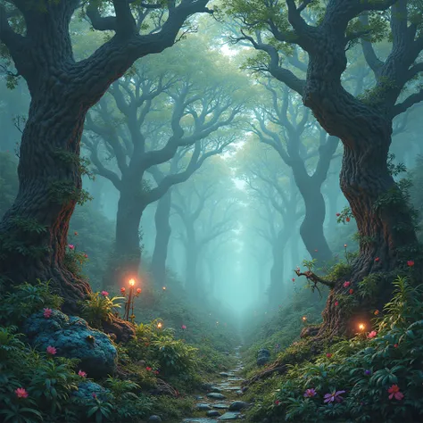 A mysterious temperate forest on a misty day. Forest colors are very vivid and bright, in an Tim Burton aesthetic. Realistic.