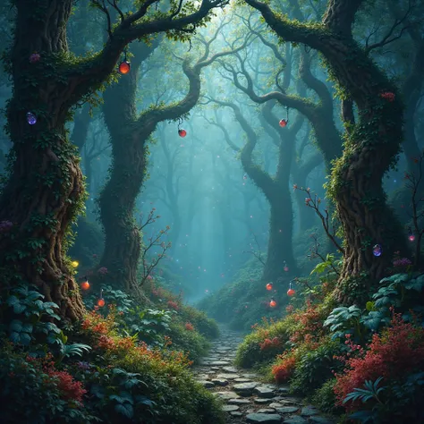 A mysterious temperate forest on a misty day. Forest colors are very vivid and bright, in an Tim Burton aesthetic. Realistic.