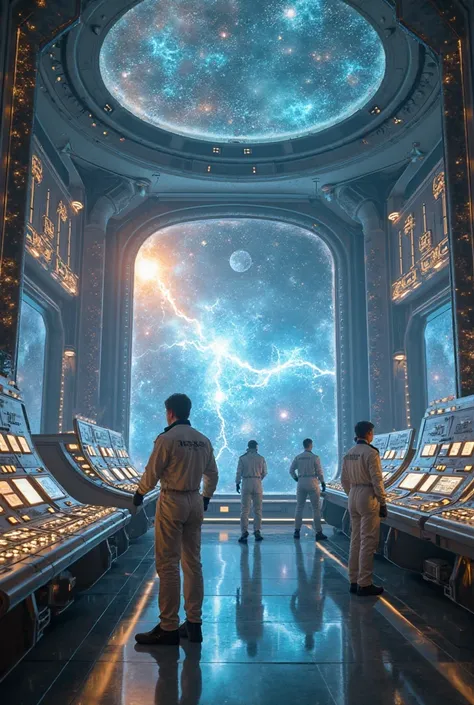 Group of minimalist cosmic engineers in light suits working in a vast interdimensional control room, Holograms of galaxies and n...