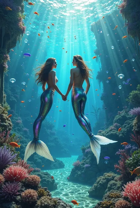 photorealistic underwater celebration party, beautiful mermaids with iridescent tails dancing gracefully, diverse sea creatures ...