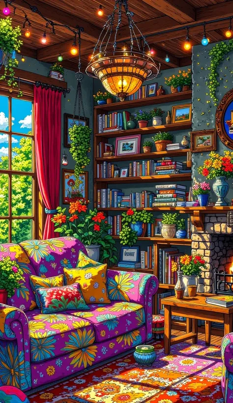 a close up of a room with a lot of colorful furniture, maximalism. stunning, hippie pad, cottagecore hippie, whimsical and psych...