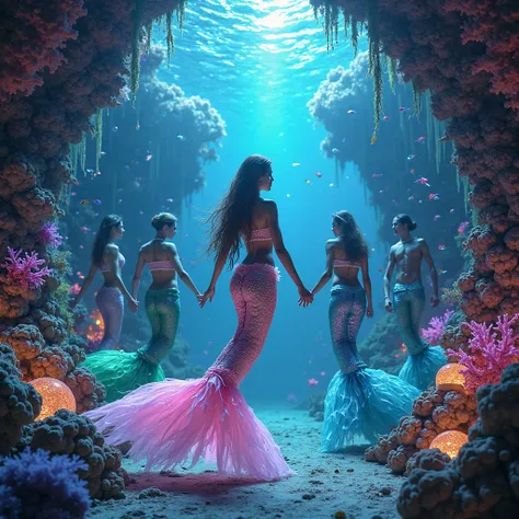 Magical underwater party deep in the ocean: mermaids and newts dancing in a bioluminescent coral hall. main characters:
- Main d...