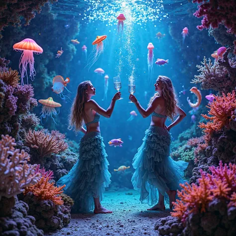 vibrant underwater party, mermaids and newts dancing among fluorescent corals, sparkling champagne bubbles floating upwards, lum...