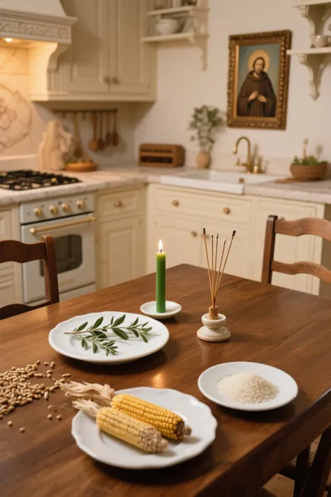 in a kitchen decorated in a very elegant classic style, very equipped, there is a very beautiful wooden table and on it there is...
