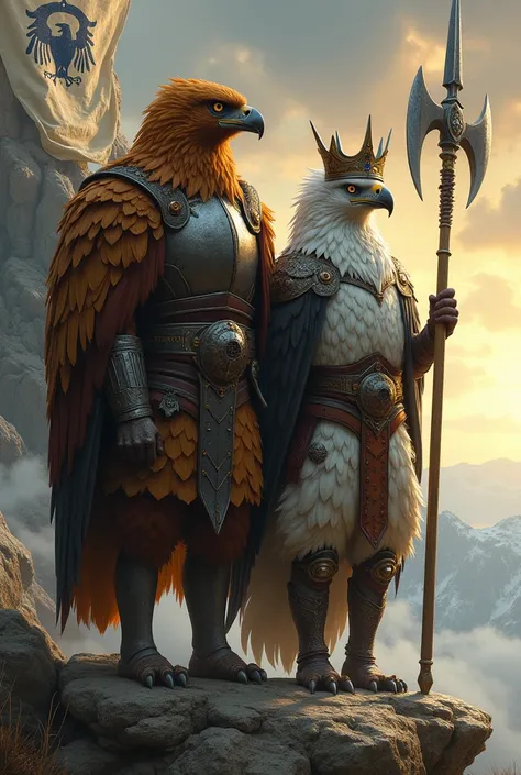 Hyper-realistic digital painting of a male and a female eagle-human hybrid standing side by side as noble warrior allies, radiat...