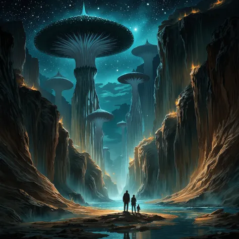 A vast, mystical valley carved by a river, beneath a star-studded night sky.  Giant, luminous,  organic structures resembling gl...