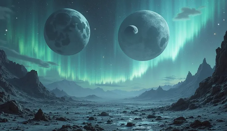 create a small planet surface environment that like Mars, but has 3 moon's, the more gray and blue visual materials than red of ...