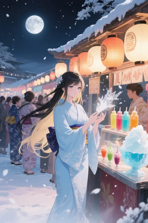Beautiful Snow Woman with Clear White Skin、Fantastic Japanese-style Fantasy、anime style、Beautiful Snow Woman with Clear White Sk...