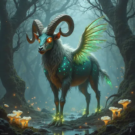 Mystical demonic hybrid animal of: Wild Ram + Nightingale + Diamond Weevil + Sea Daffodil + Coprinus Fungus



