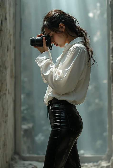 Backwards view of a female photographer taking pictures with her camera, looking through the camera, with white plastic shirt a...