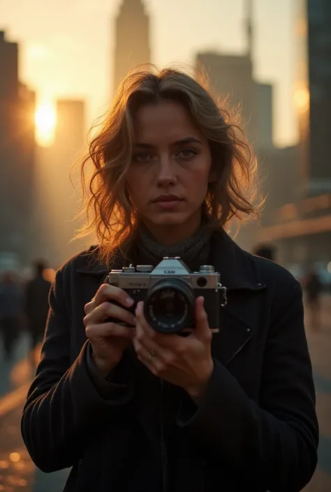 A professional portrait photograph of a person holding a vintage camera with a telephoto lens, standing confidently against a dr...